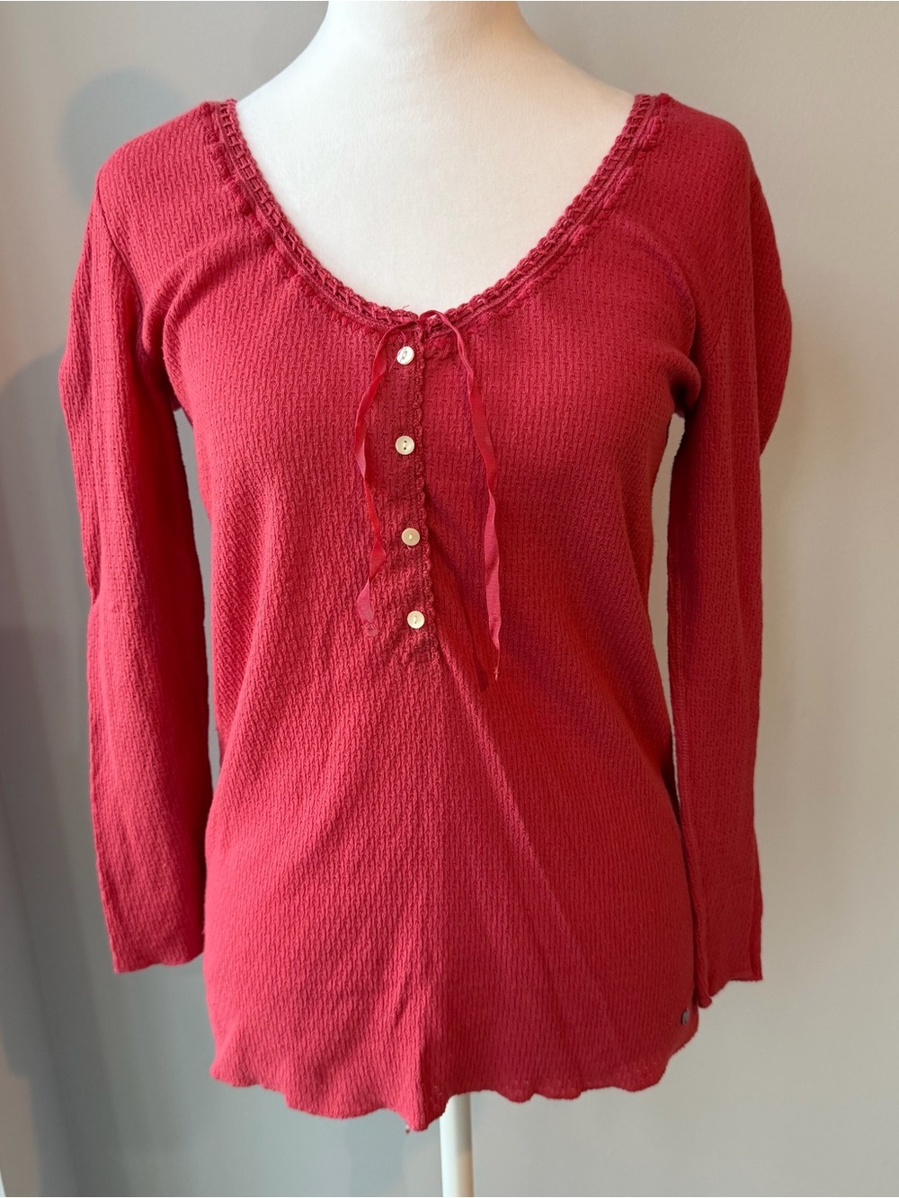 Thermal Henley Top Crochet Trim Red Size L Boho Y2K